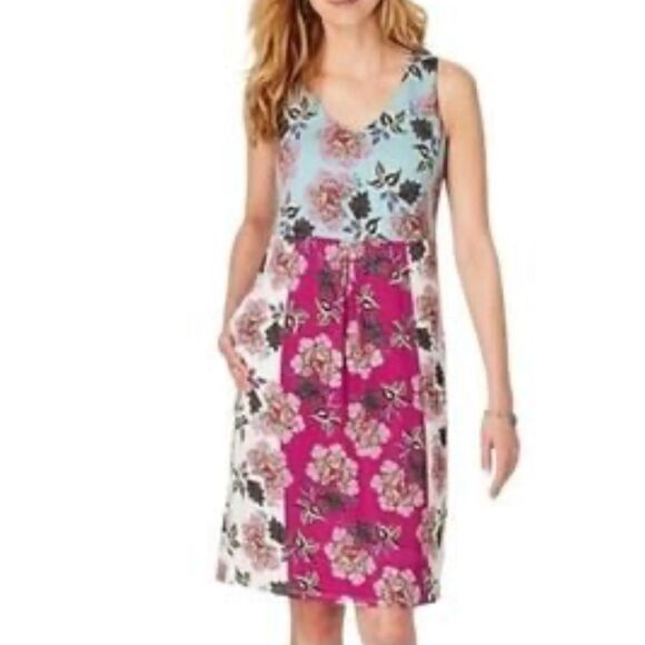 J JILL SIZE MEDIUM MIXED FLORAL PRINT SLEEVELESS V NECK JERSEY DRESS W POCKETS - Picture 1 of 8